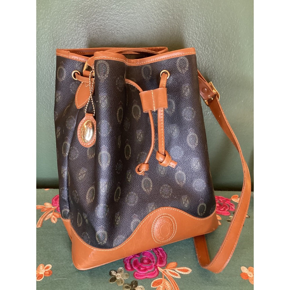 Capezio Bucket‎ Bag Blk Monogram Leather Trim Drawstring Shoulder Bag
